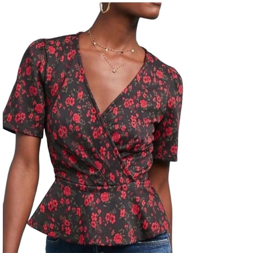 Anthropologie Heartland Floral Cropped Black Red Top L